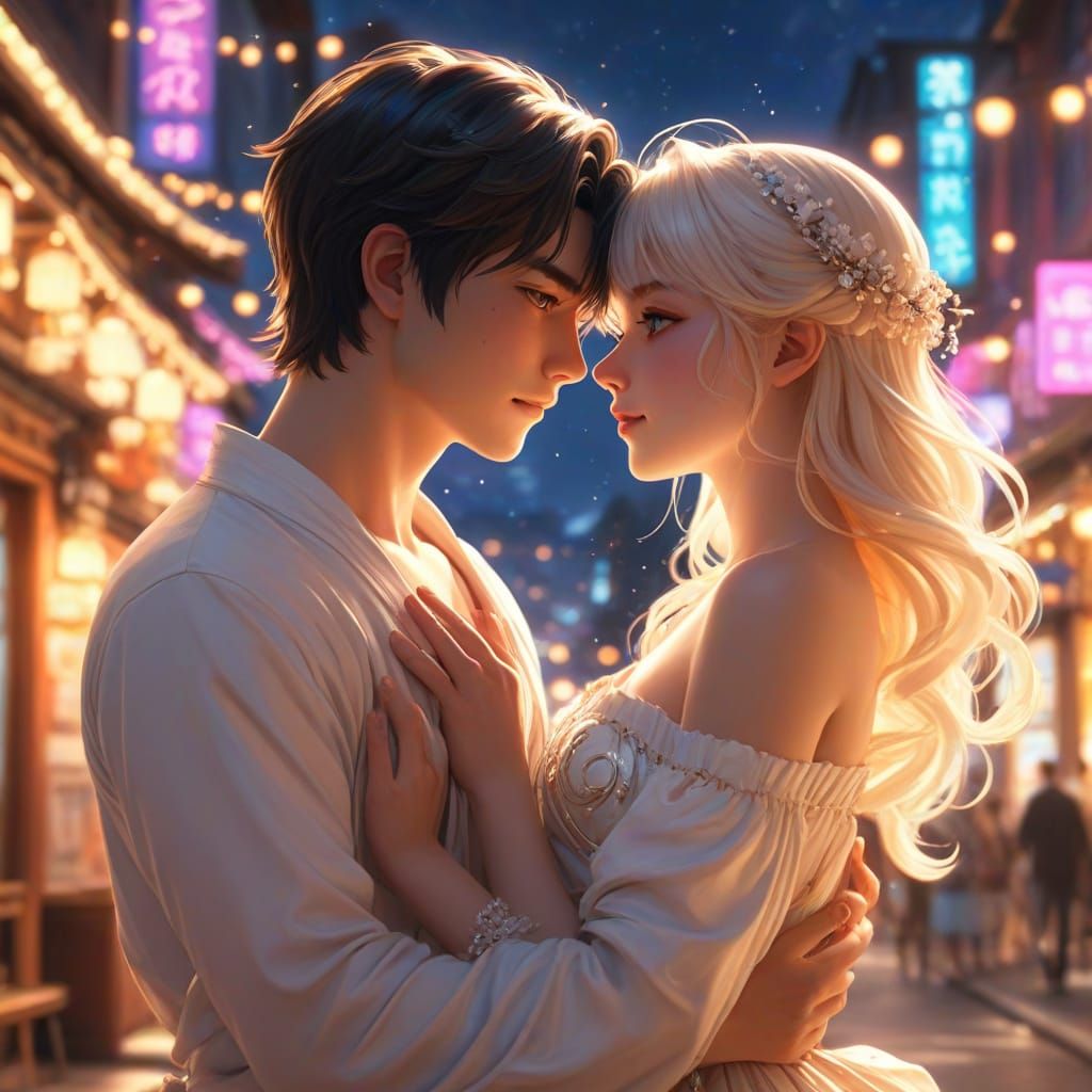 Whimsical Anime Couple in Dreamy Golden Light