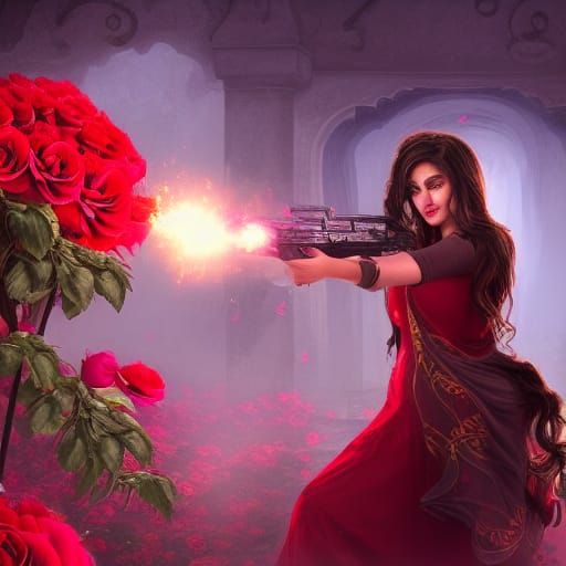 Anarkali Fires Gun Holding Rose: Detailed Matte Painting