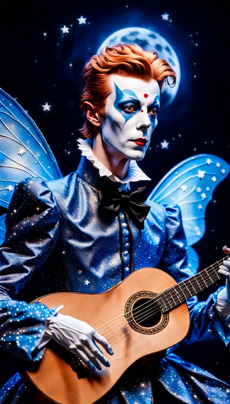 Surreal Pierrot with Fairy Wings in Starry Night