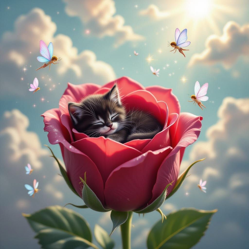 Sleeping Kitten in Giant Rose with Fairies