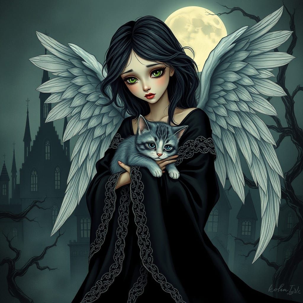 Mournful Angel Cradles Kitten in Moonlit City