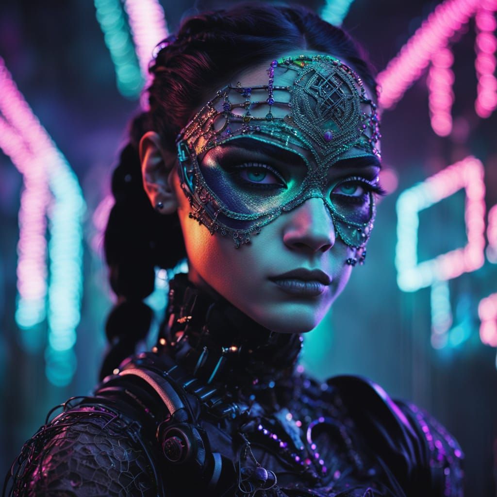 Cyborg Goddess in Gothic Neon Splendor