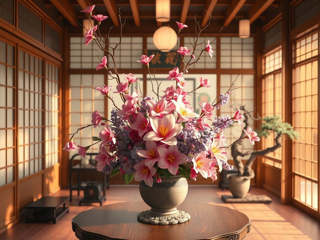 Surreal Japanese Floral Wonderland with Vibrant Colors