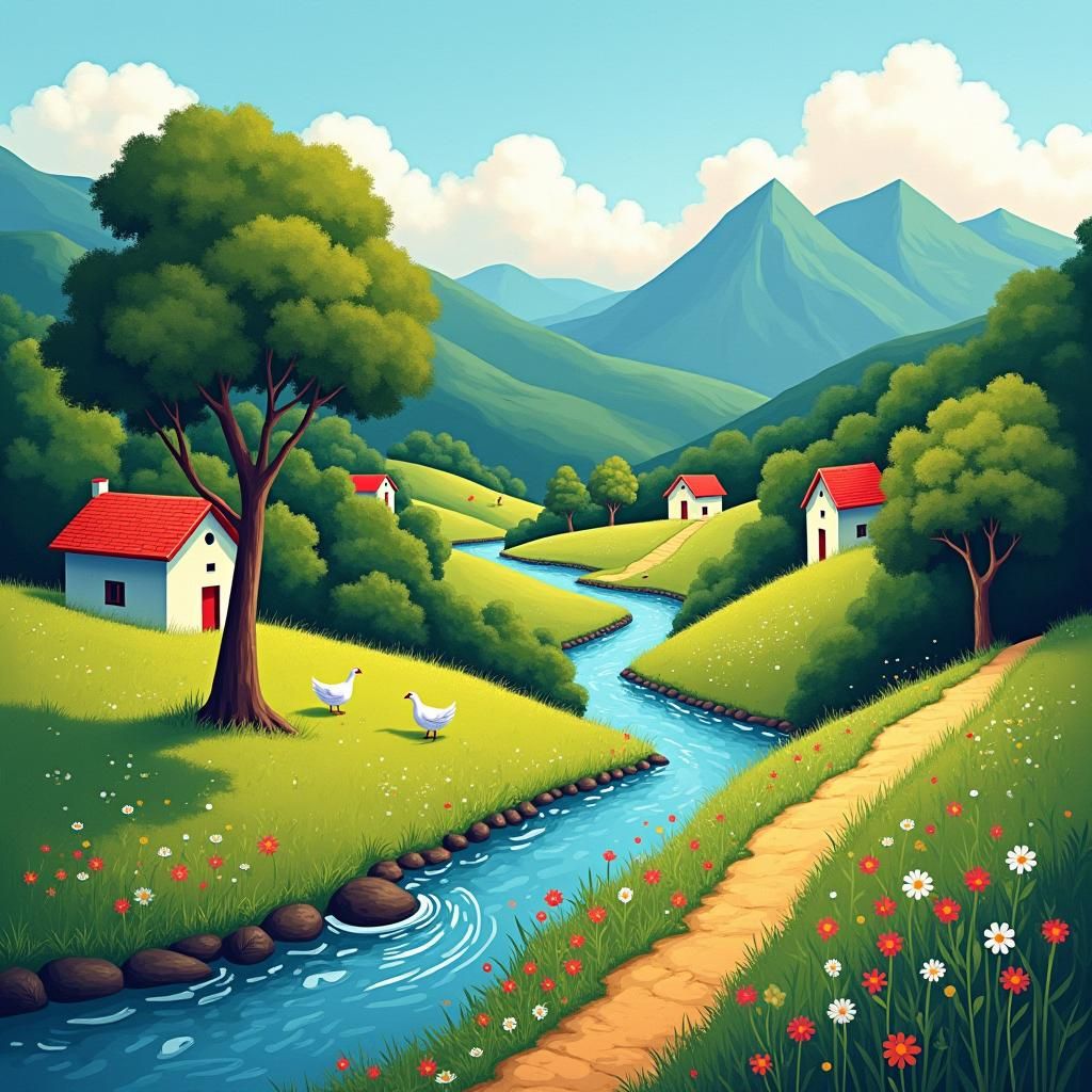 Colombian Prairie Landscape Inspired by Naive Art