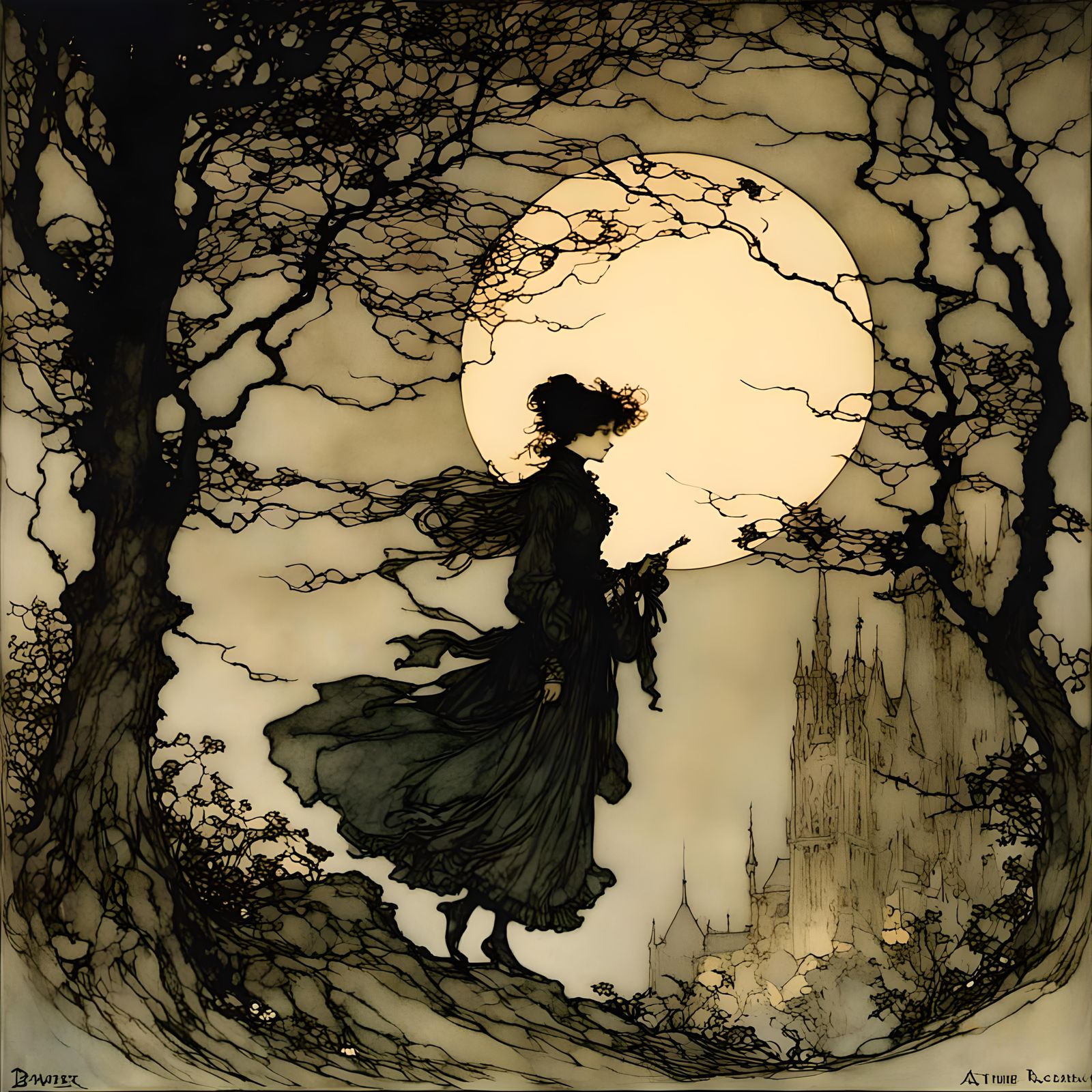 neon silhouette, by Arthur Rackham, Edmund Dulac <lora:Rackh...