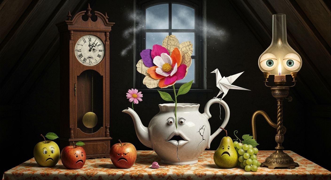 Surreal Still Life: Clock, Flowers, and Mystery
