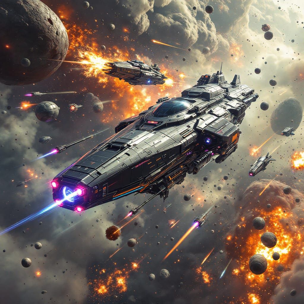 Spaceship Dogfight in Asteroid Field: Sci-Fi Art