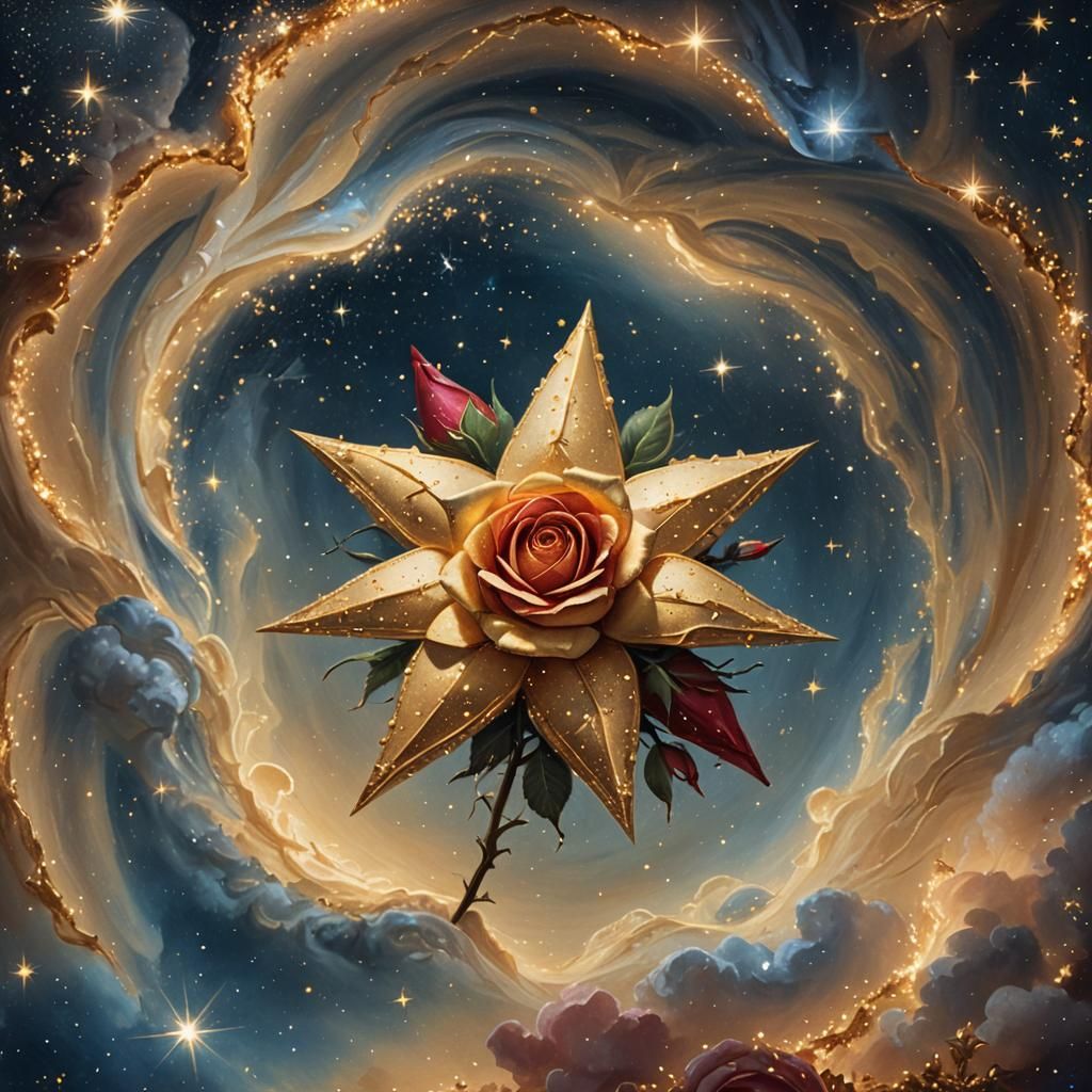 Rose in Golden Star on Starry Sky