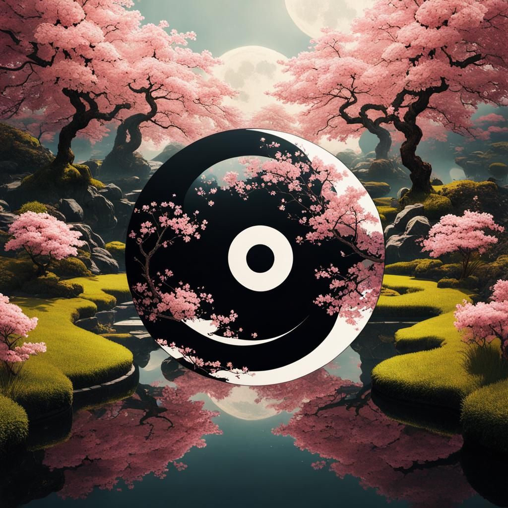 Yin Yang Sakura Garden Double Exposure