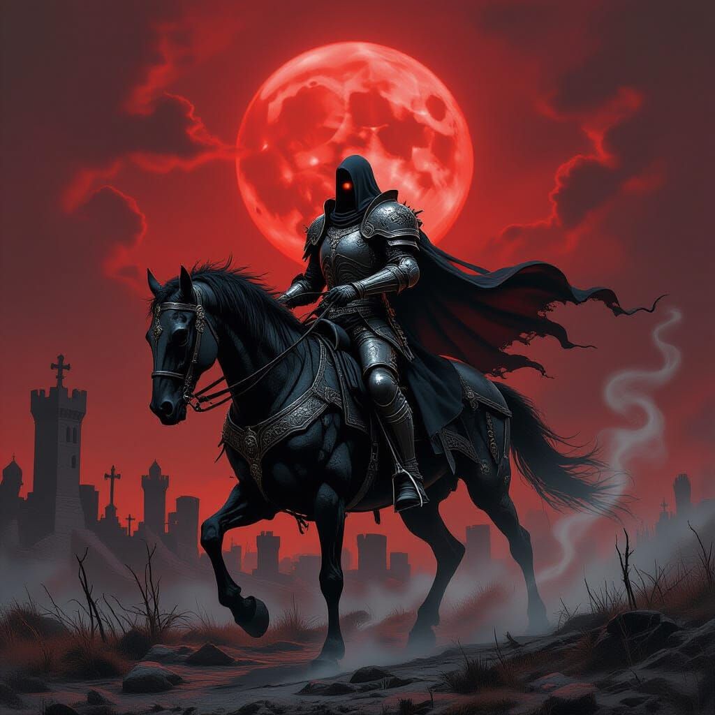 Spectral Zombie Knight on Skeletal Steed in Dark Fantasy Lan...