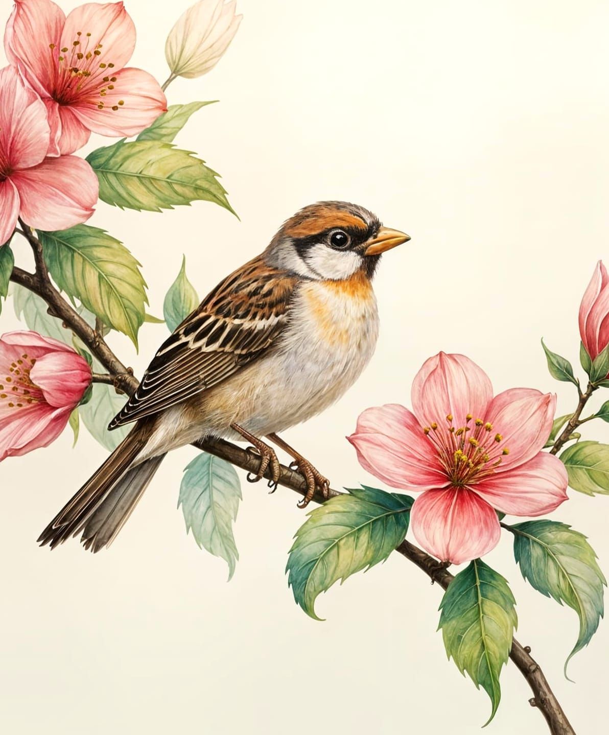 Sparrow with Blossoms in Gouache Watercolor Style