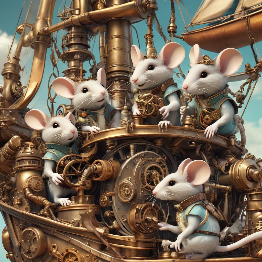Steampunk Mice Repairing a Sailboat Engine
