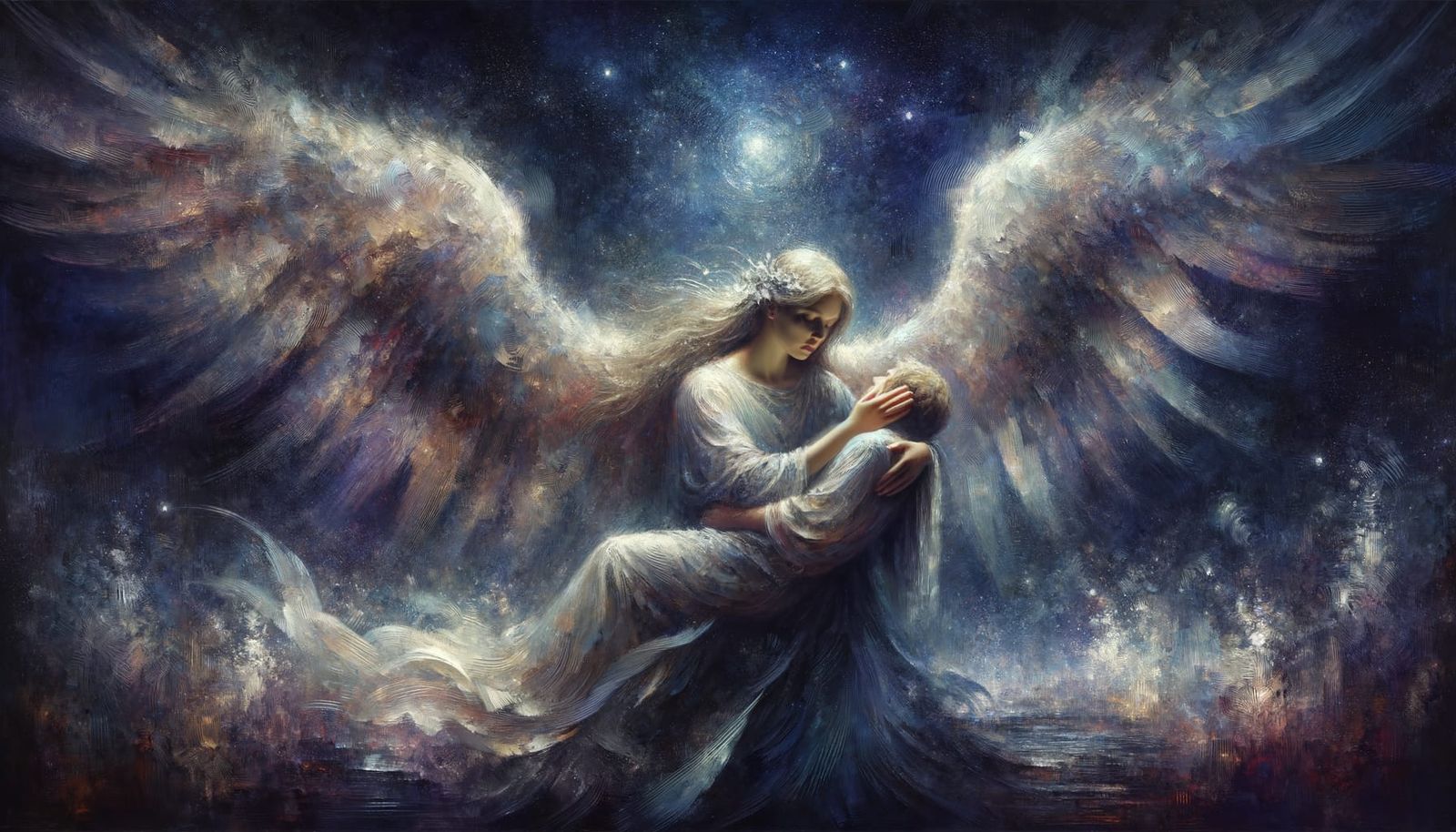 Angelic Figure Cradling Person in Starry Sky