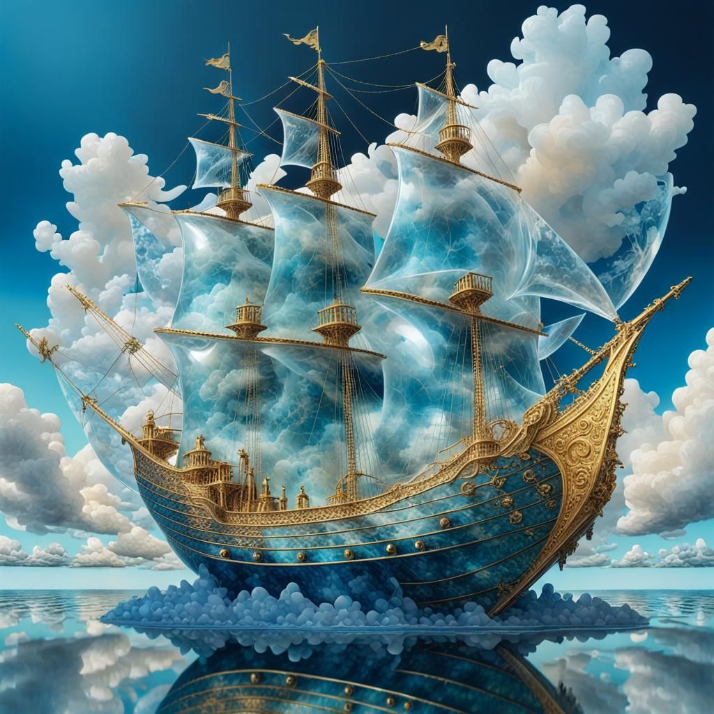 Translucent Sculpture: Couple on Caravel in Gouache Style