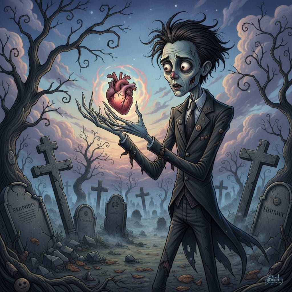 Zombie with Glowing Heart in Tim Burton Style