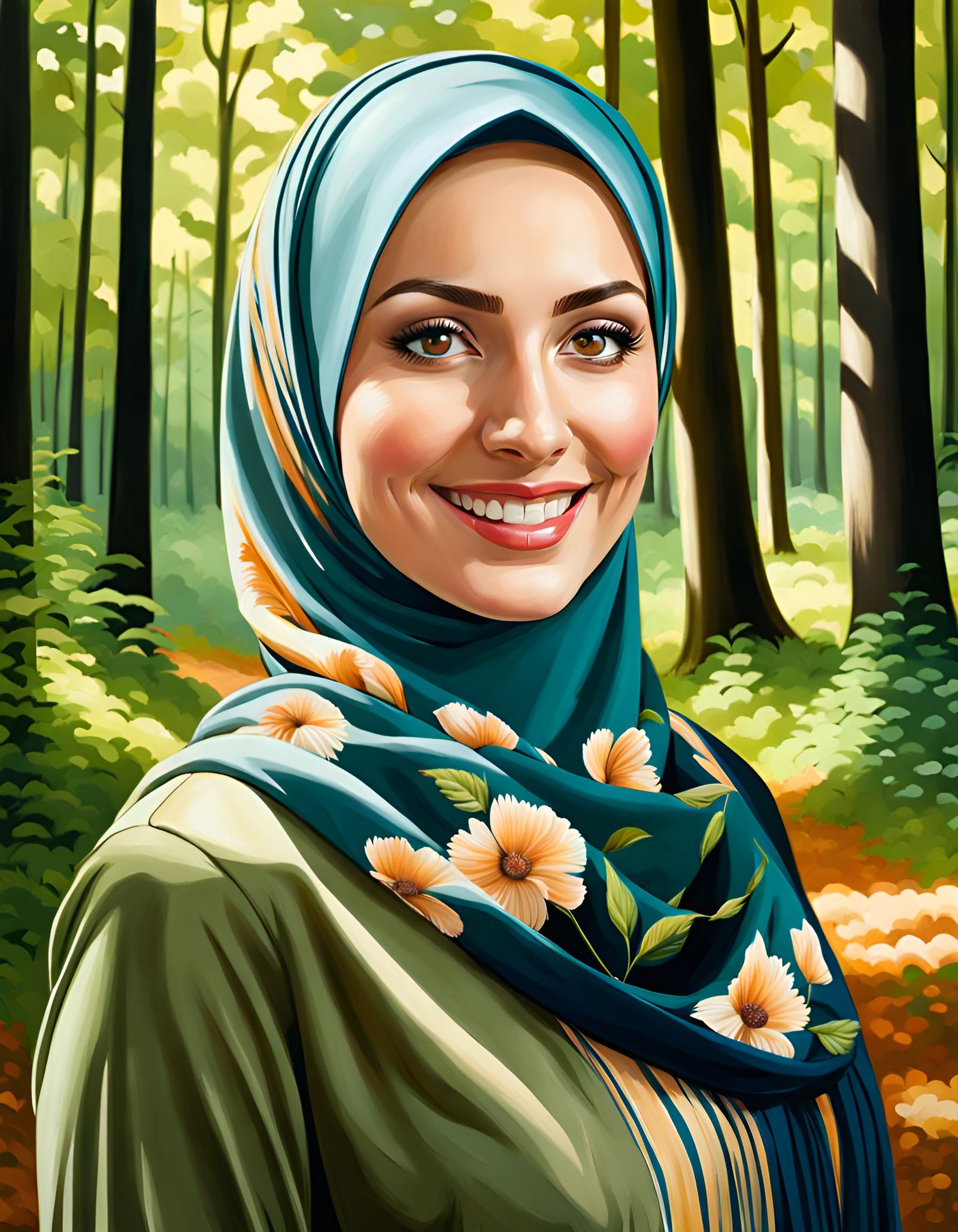 Elegant Woman in Hijab: Realistic Oil Painting