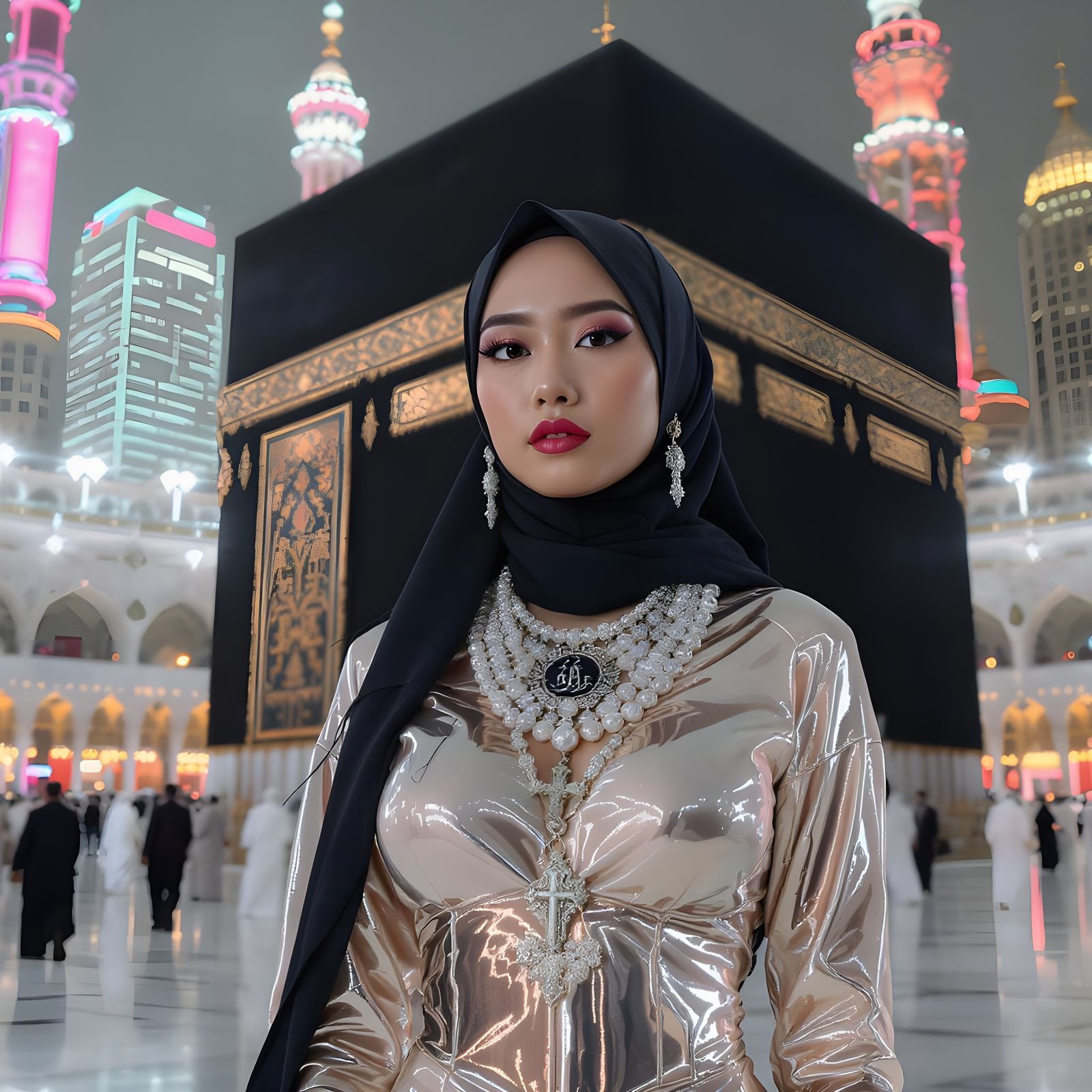 Woman in Hijab at Ka'bah: Futuristic Digital Art