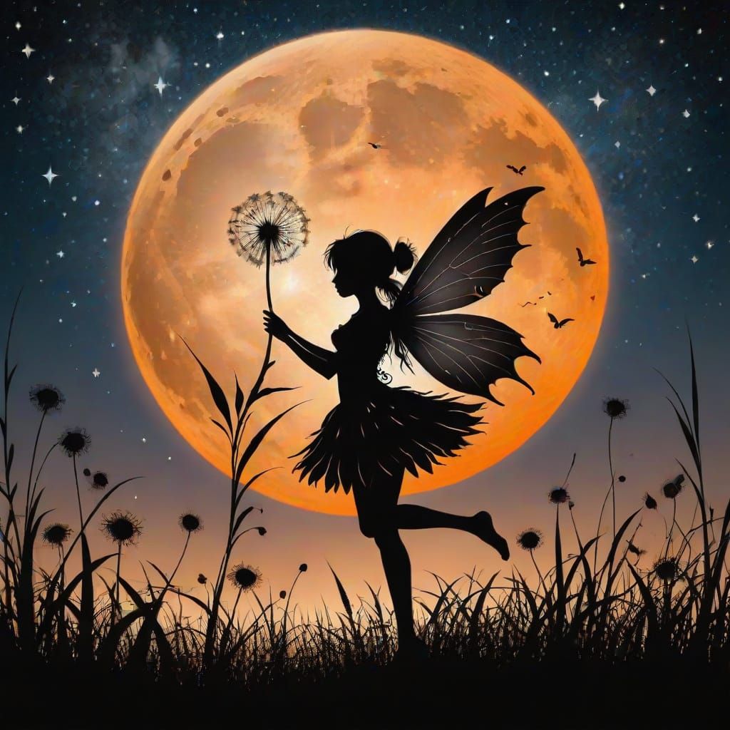 Moonlit Fairy Silhouette in Vibrant Orange Hues