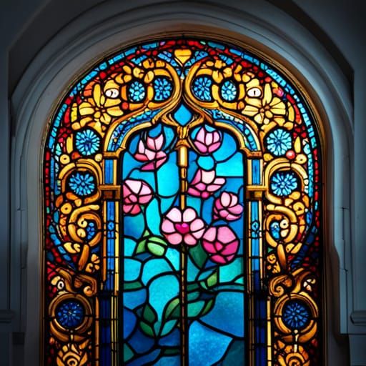 Stained-Glass Window with Blue Tones and Floral Accents