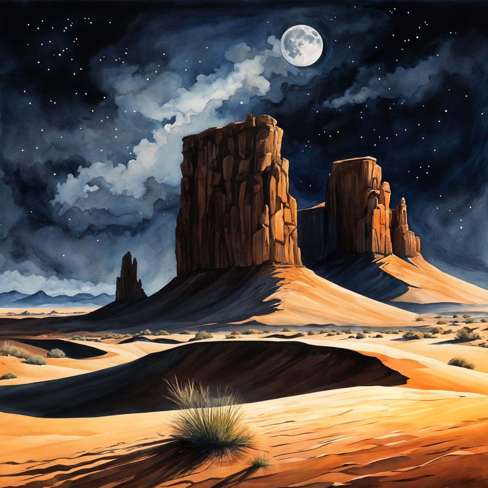 Dramatic Mesa Under Moonlight in Watercolor Style