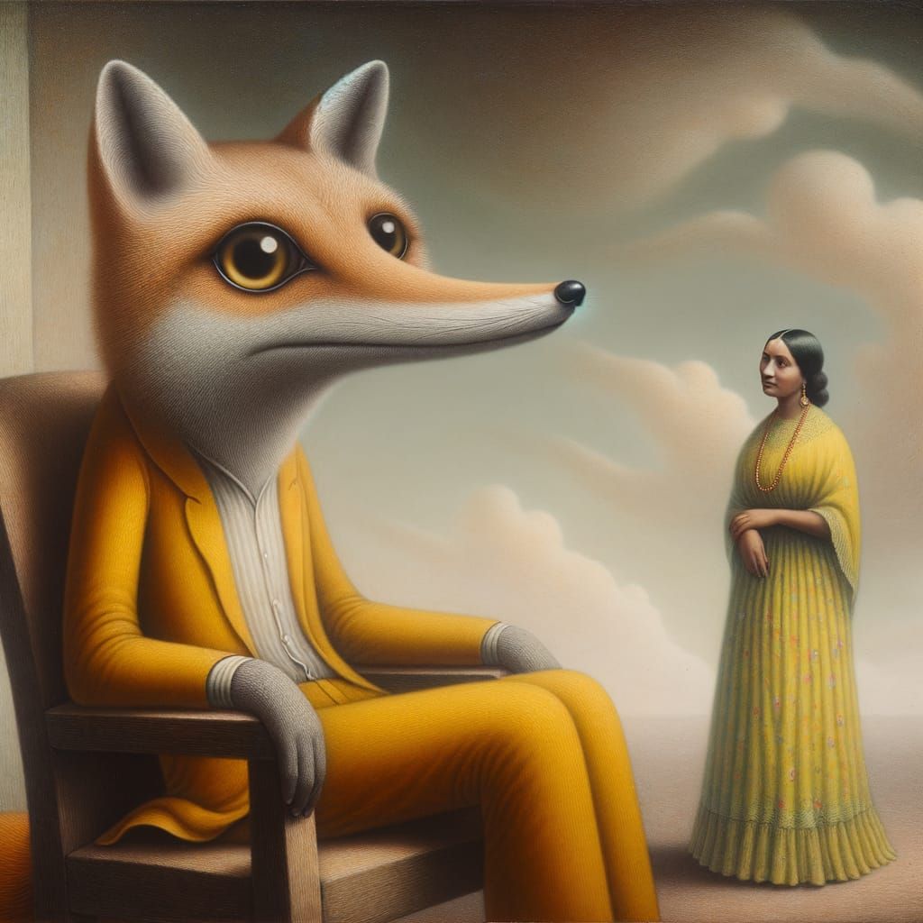 Whimsical Surreal Fox Painting with Woman in Yellow