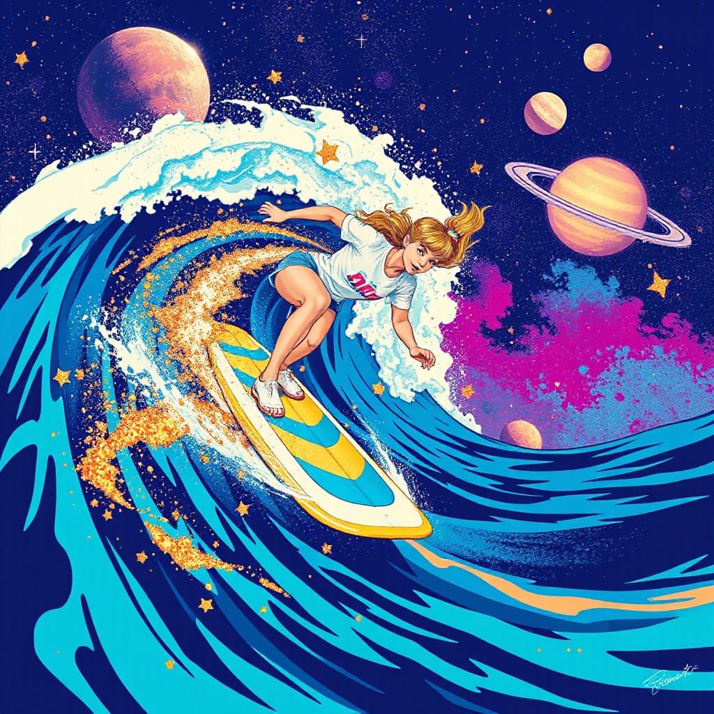 Cosmic Surfer Riding Stardust Wave in Vibrant Galaxy