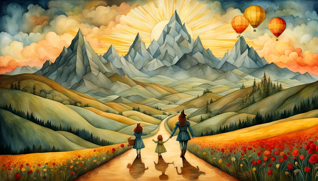Dorothy's Sunrise Journey to Oz: Naive Art Illustration