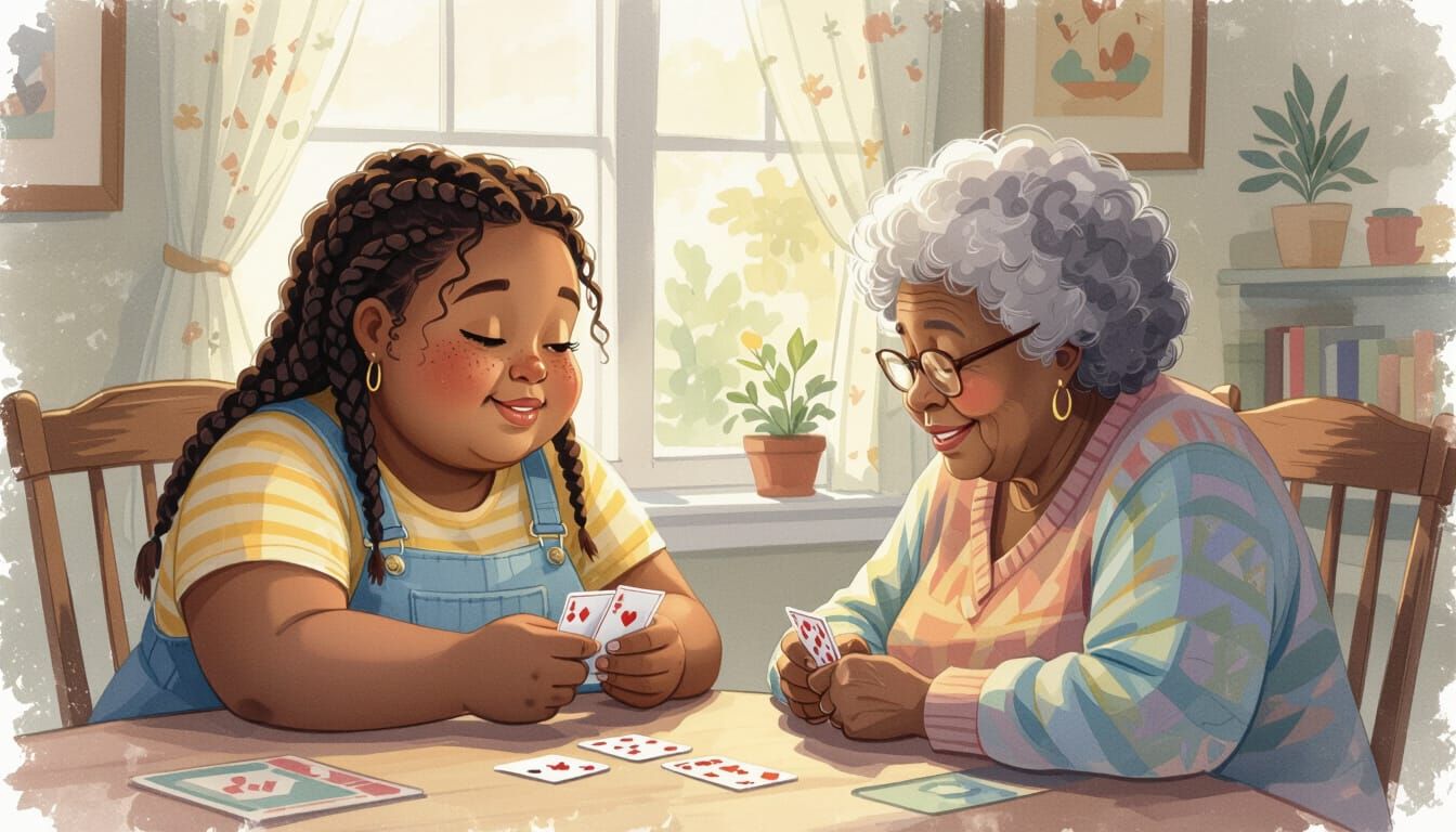 Girl Playing Cards with Neighbors in Watercolor Style