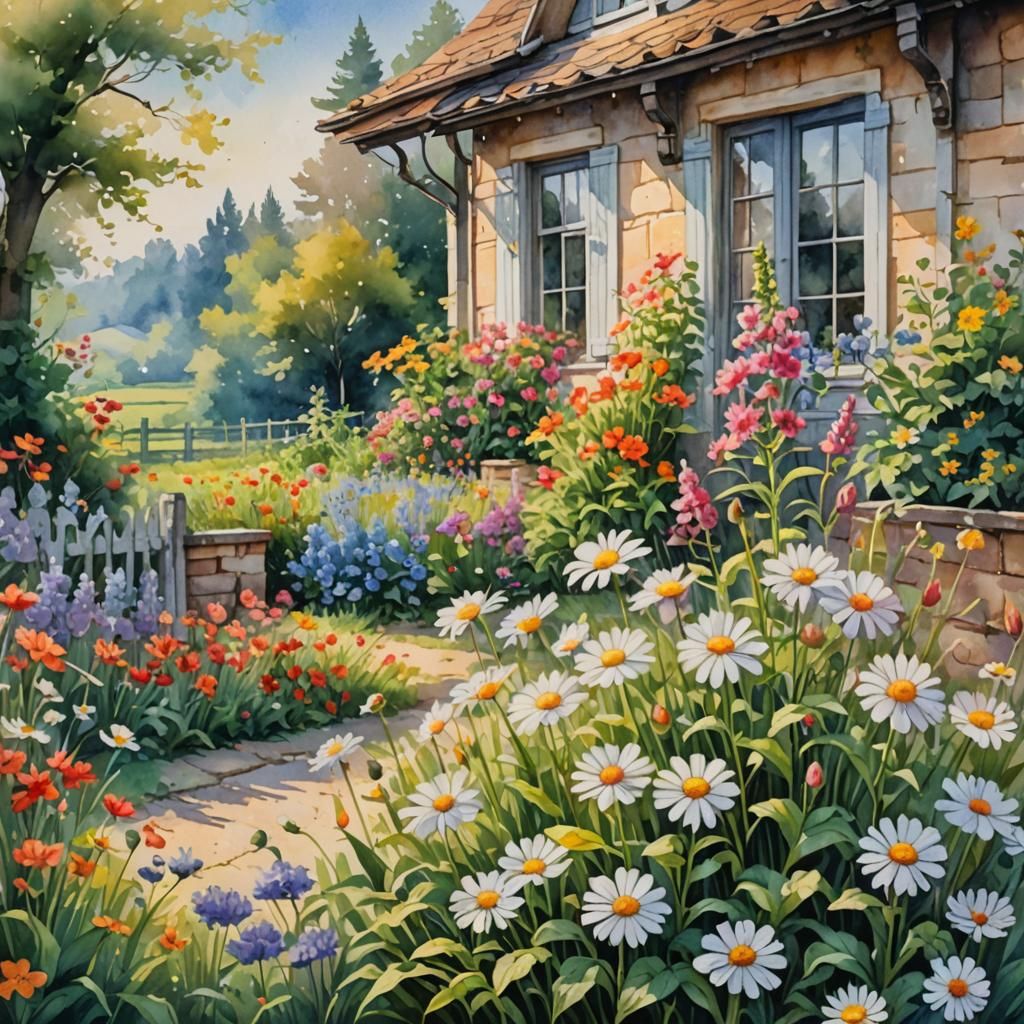 Realistic Watercolor Country House and Flowers