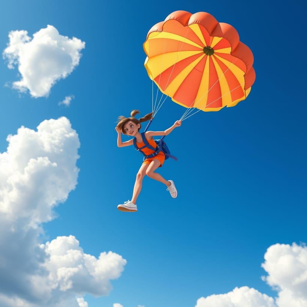 Girl Skydiving with Striped Parachute in Vibrant CGI Style
