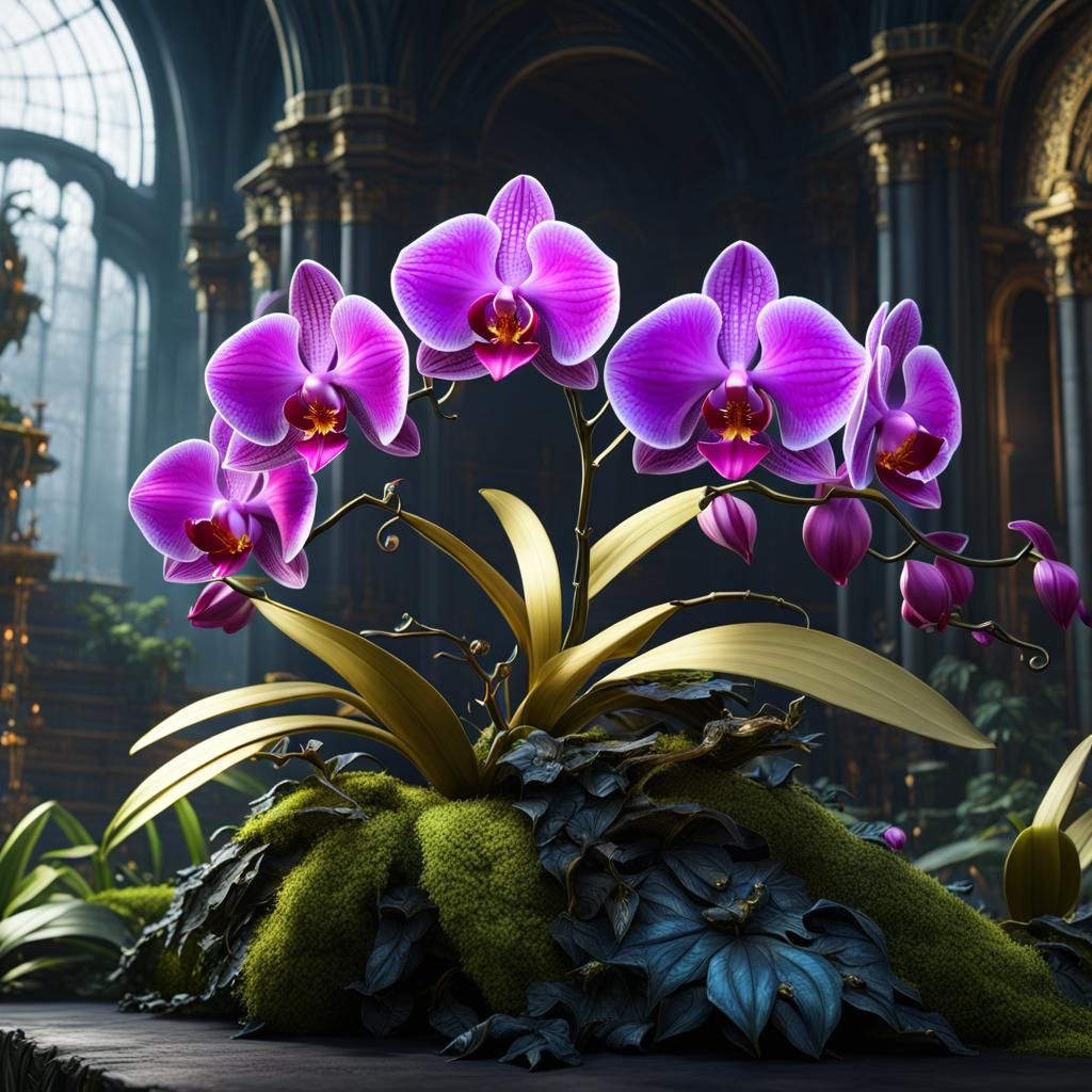 Detailed Metal Orchid in Fantasy Concept Art Style
