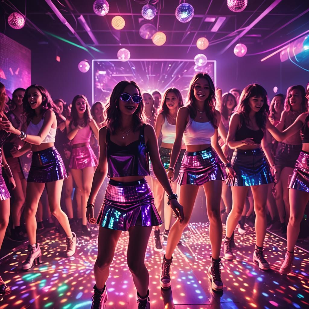 Neon Club Scene: Girls Dancing in Vibrant Digital Art