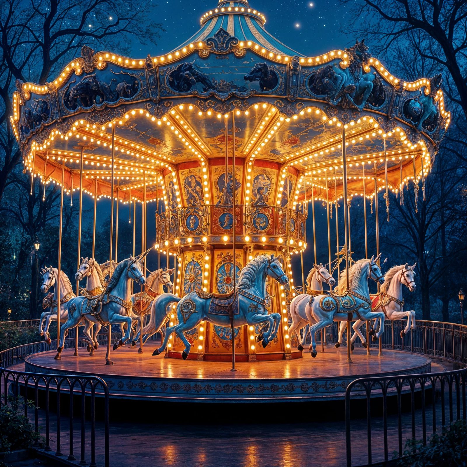Enchanting Carousel Rides Illuminated at Night