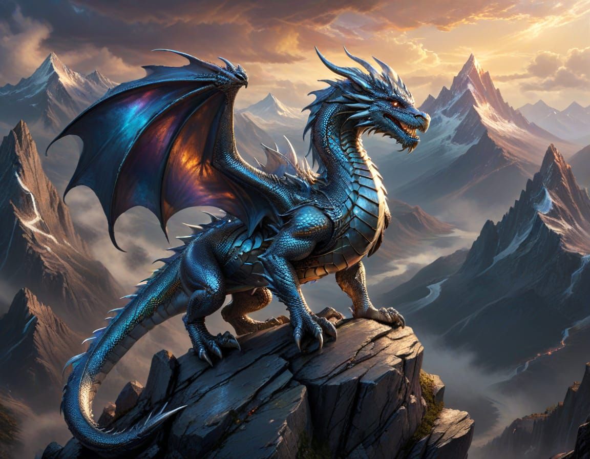 Majestic Chrome Dragon Soars Above Towering Mountain Peak
