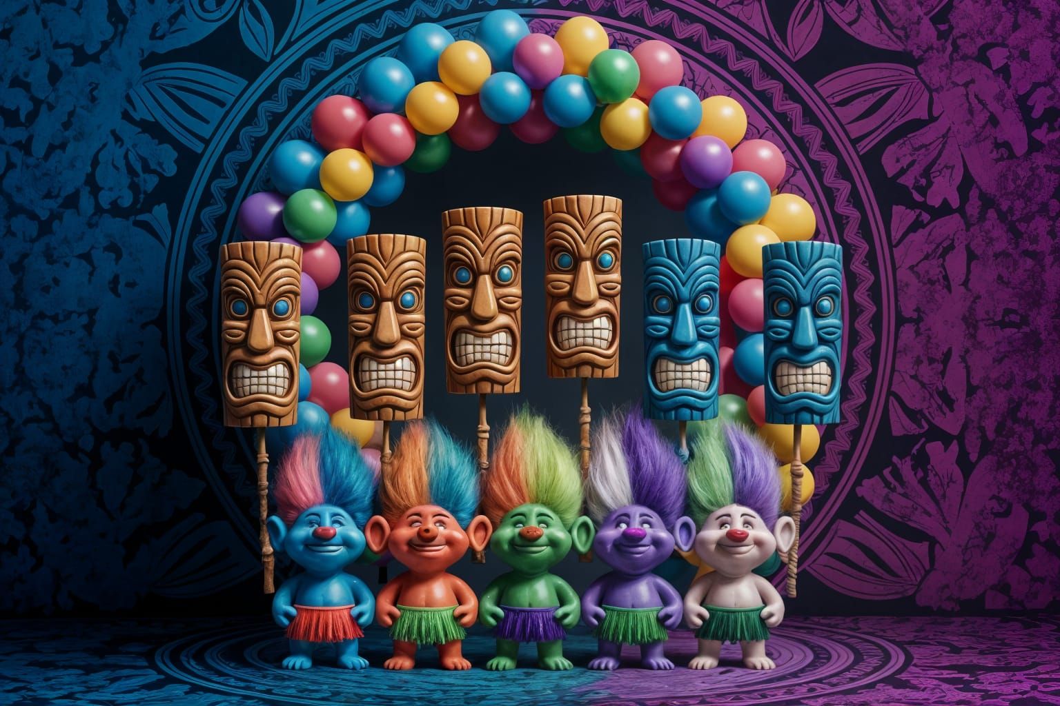 Psychedelic Trolls Celebrate with Tiki Masks