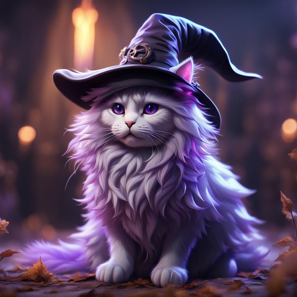 Anime Fluffy Cat in Witch Hat