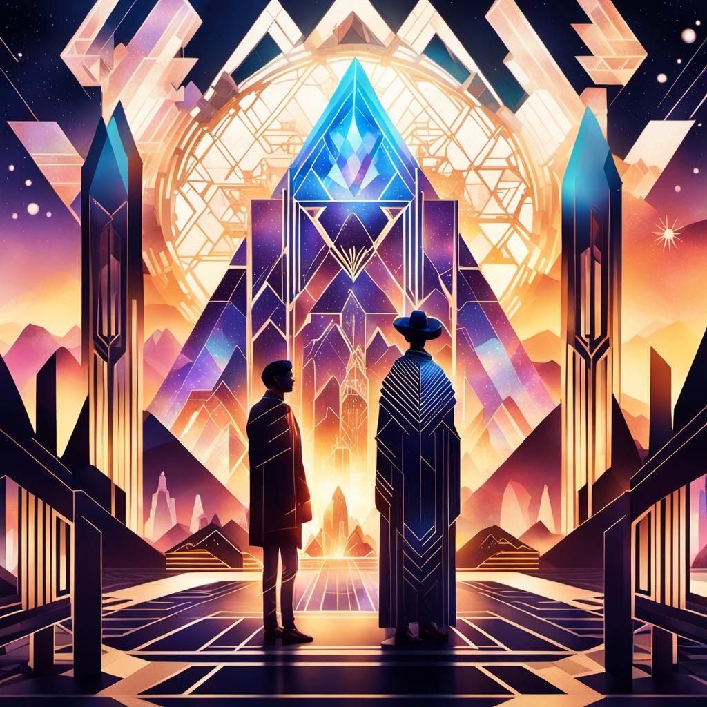 Ethereal Figures in Art Deco Sunset Galaxy