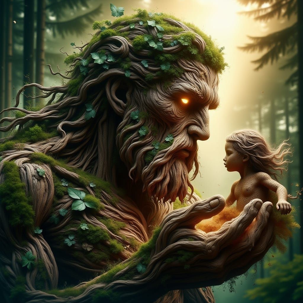 Giant Earth Being Cradles Small Girl