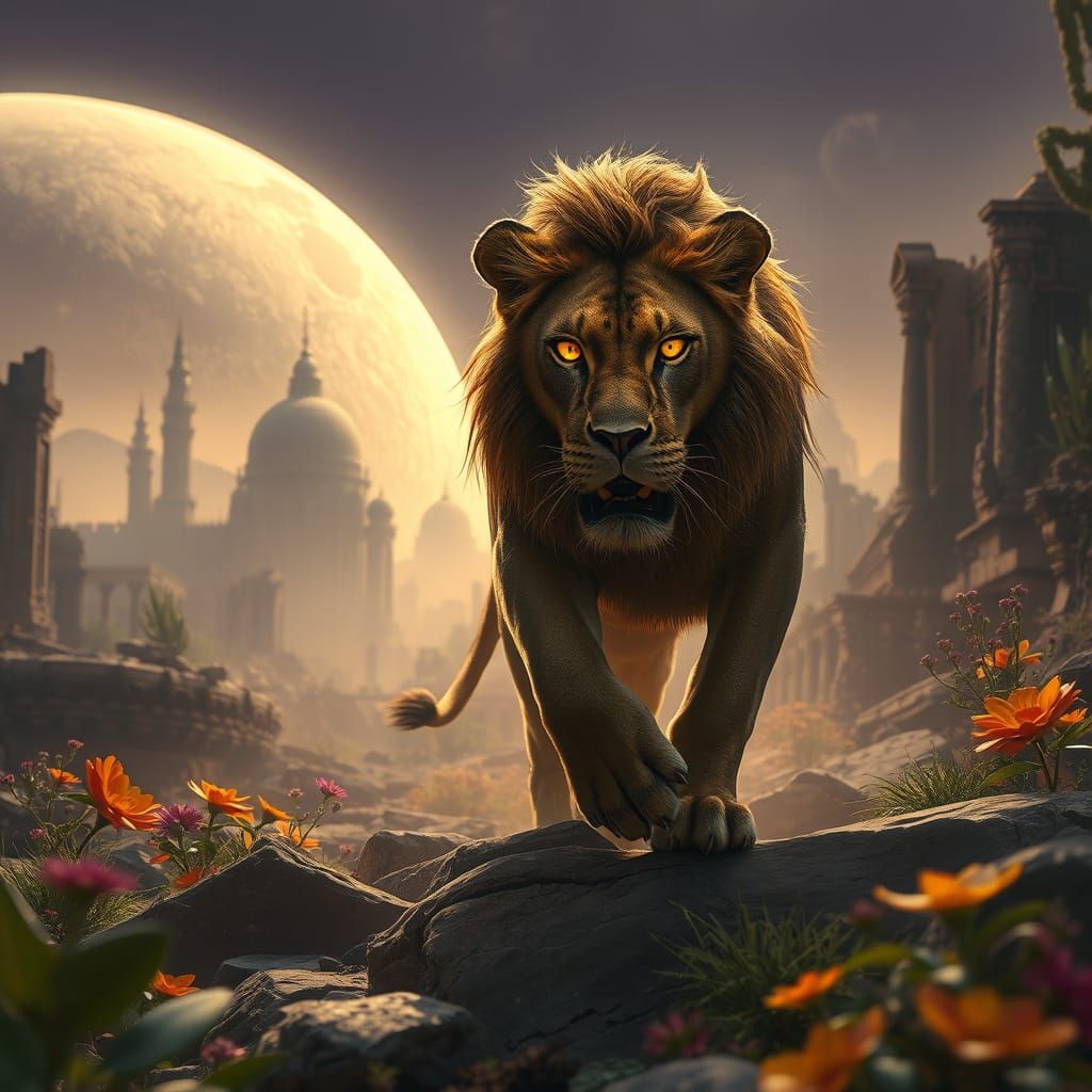 Lioness in Alien City: Hyperrealistic Dark Fantasy Art