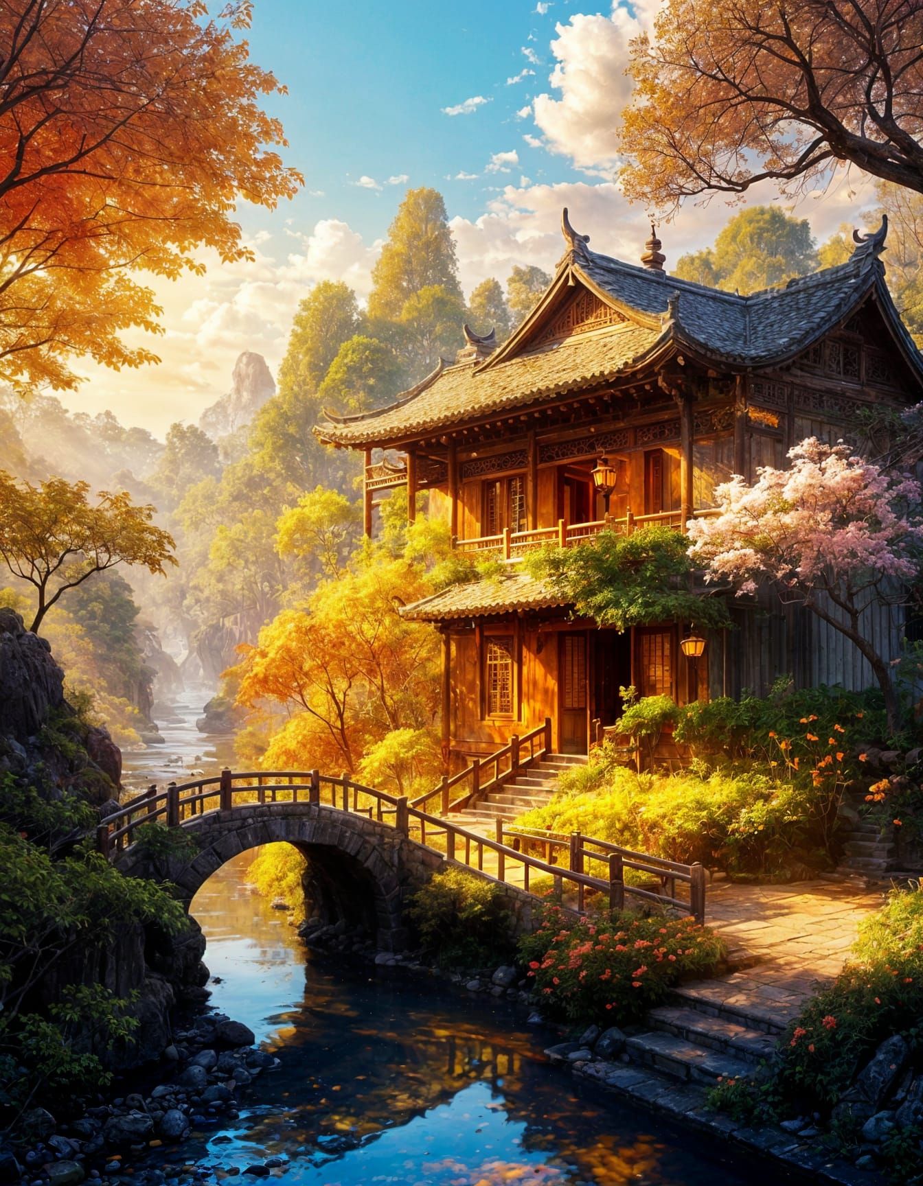 Golden Hour Fantasy Landscape with Chinese House