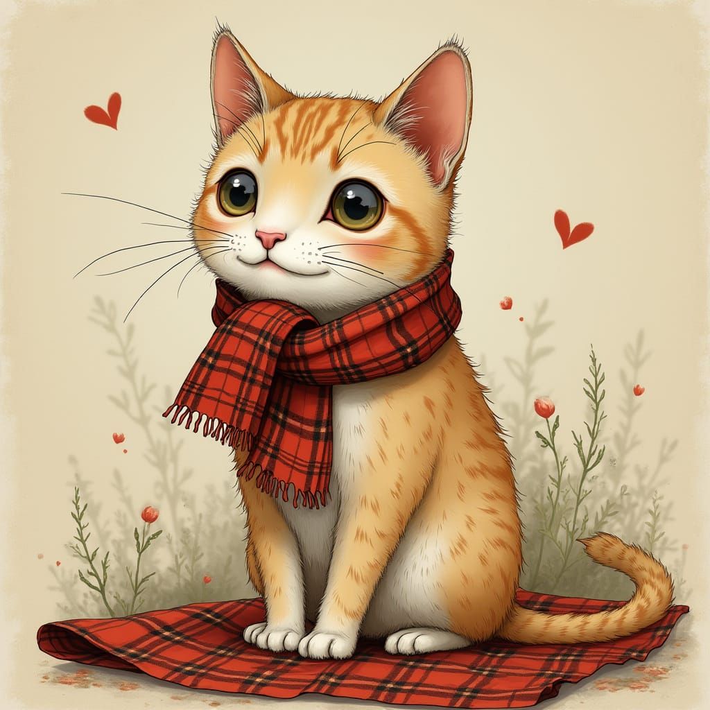 Whimsical Cat Portrait with Tartan Scarf