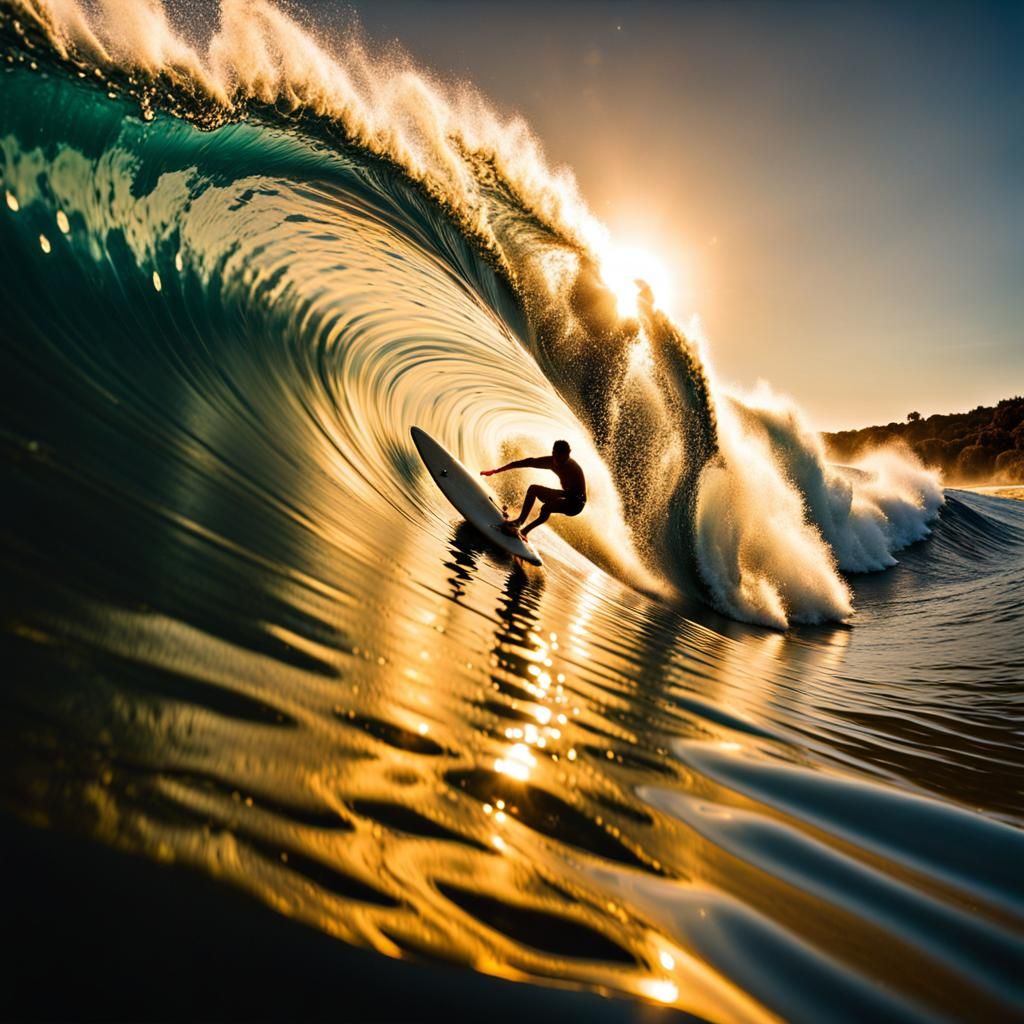 Surfer Rides Barrel Wave at Dawn