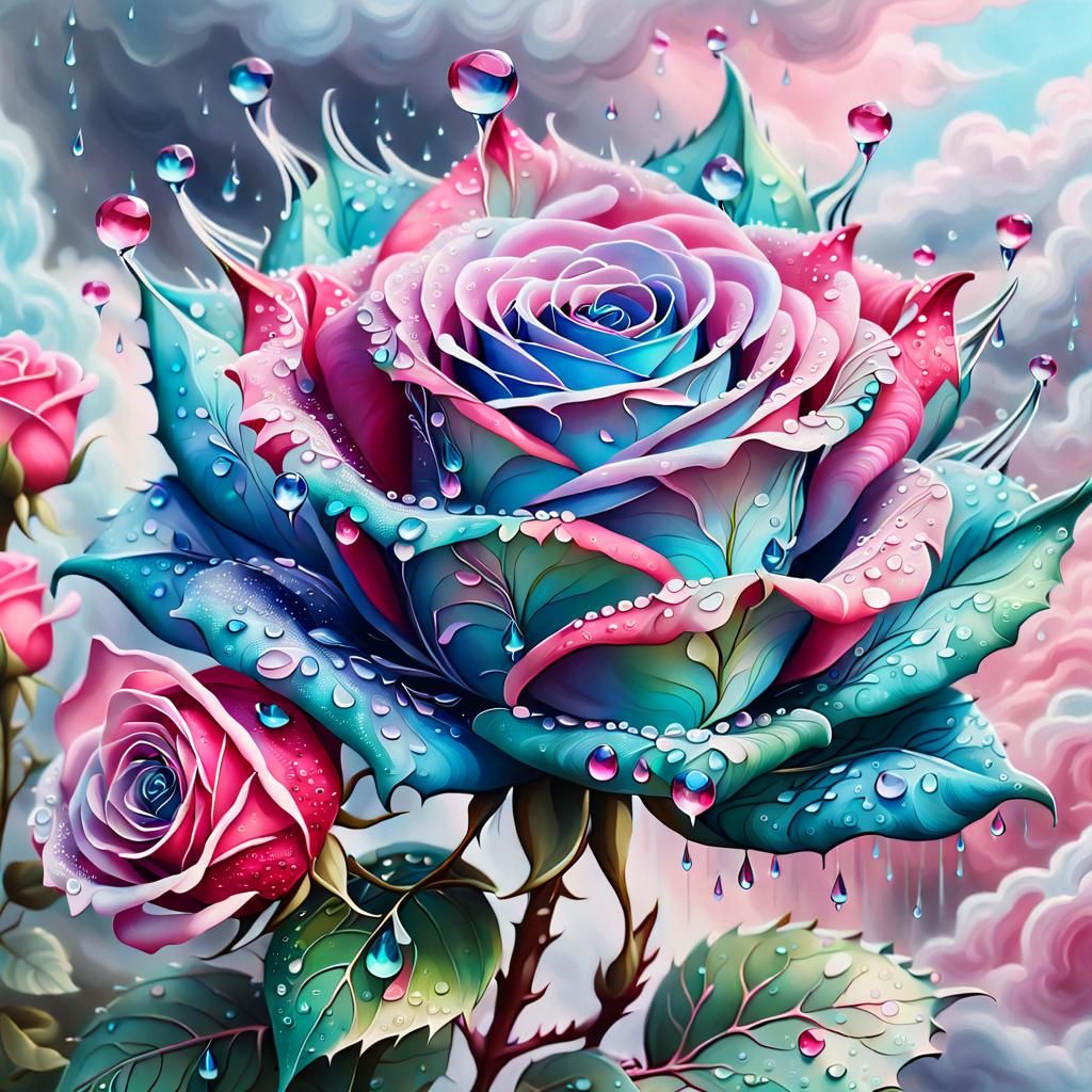 Dreamy Dragon Rose Oil Painting with Dew
