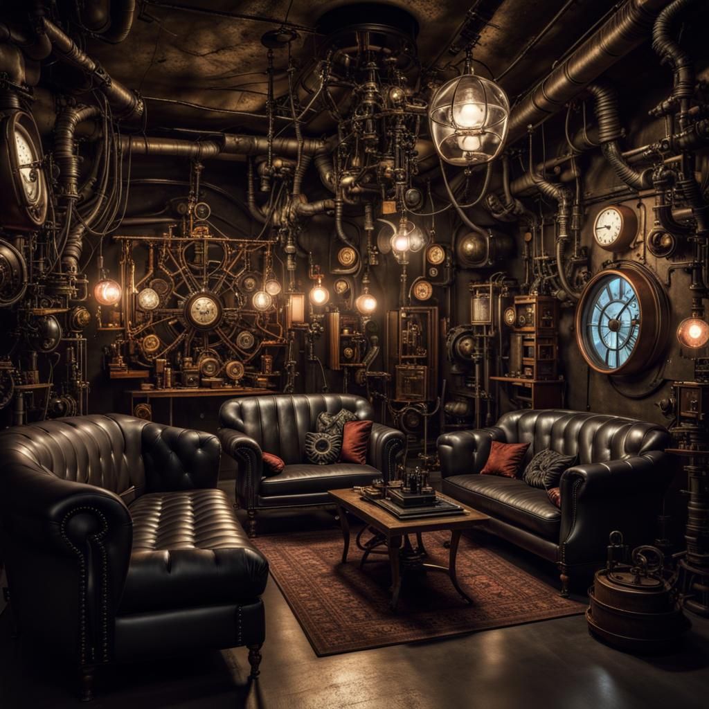 A dimly lit underground cyborg steampunk  creepy spooky livi...