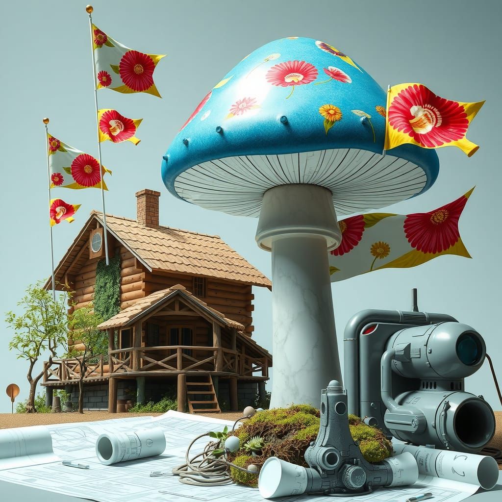 Surreal Wonderland with Mushroom Mural Prints and Futuristic...