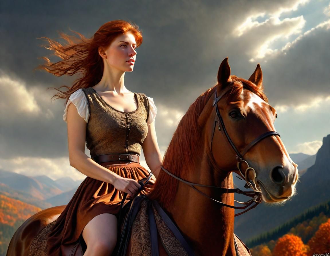 Auburn Woman on Horseback in Renaissance Landscape