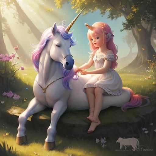 Girl and Unicorn Playing in Summer Sunlight
