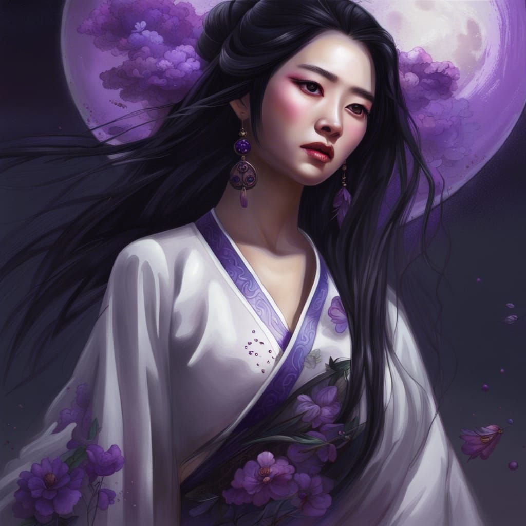 Chinese Woman in Traditional Dress with Purple Flower