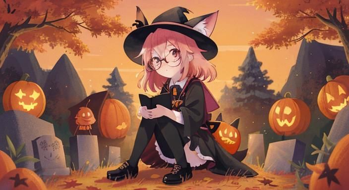 Anime Girl with Fox Ears and Halloween Backdrop