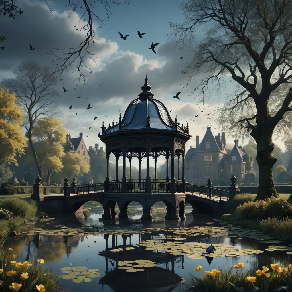 English Pavilion with Birds in Detailed Matte Painting